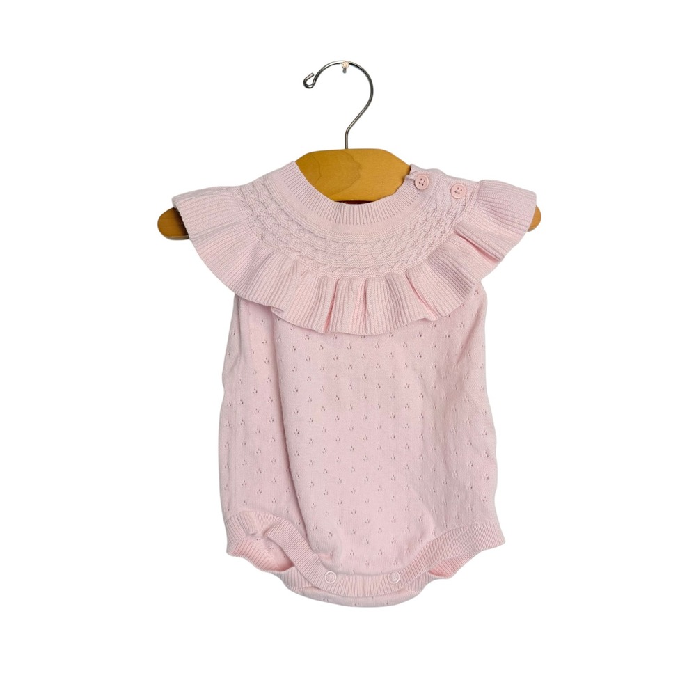 Baby Girl Pink Knit Ruffle Romper Sleeveless Pointelle Cotton One Piece